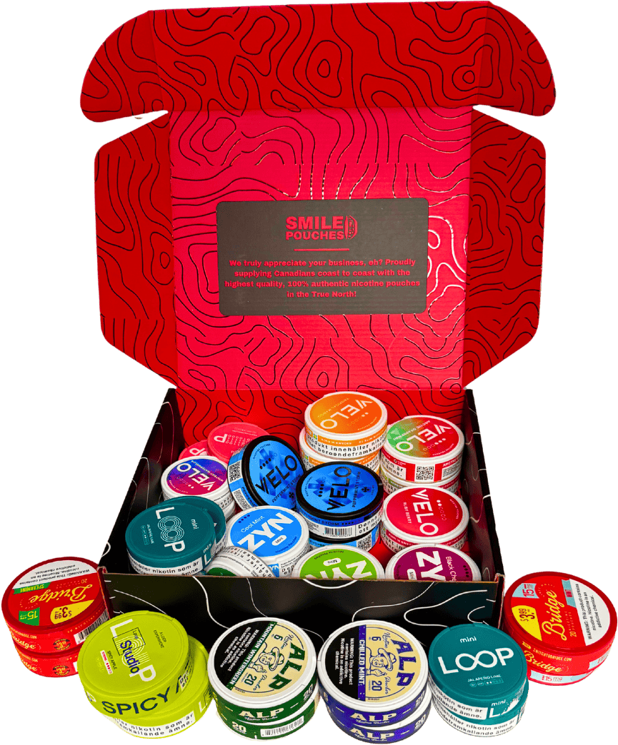 Colorful nicotine pouch tins arranged in an open Smile Pouches box